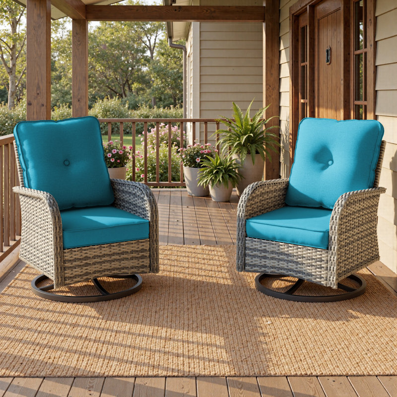 4-Piece Outdoor Wicker Swivel Rocking Chairs With Cushioned Seats, Turquoise Blue