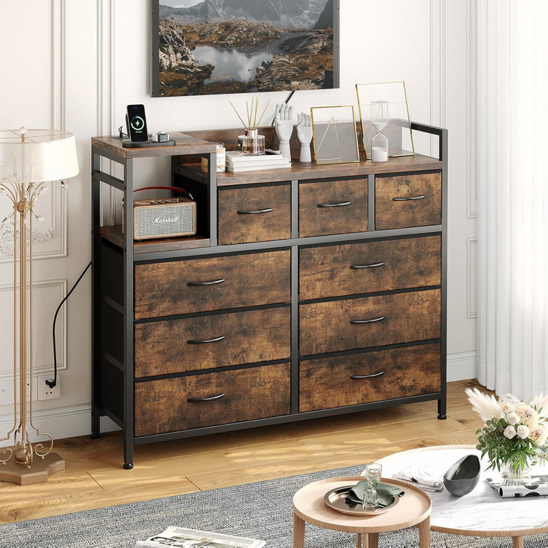 Modern 9-Drawer TV Stand with Charging Station & Power Outlets, Media Console Storage Dresser, Open Shelf Entertainment Center for Living Room, Bedroom