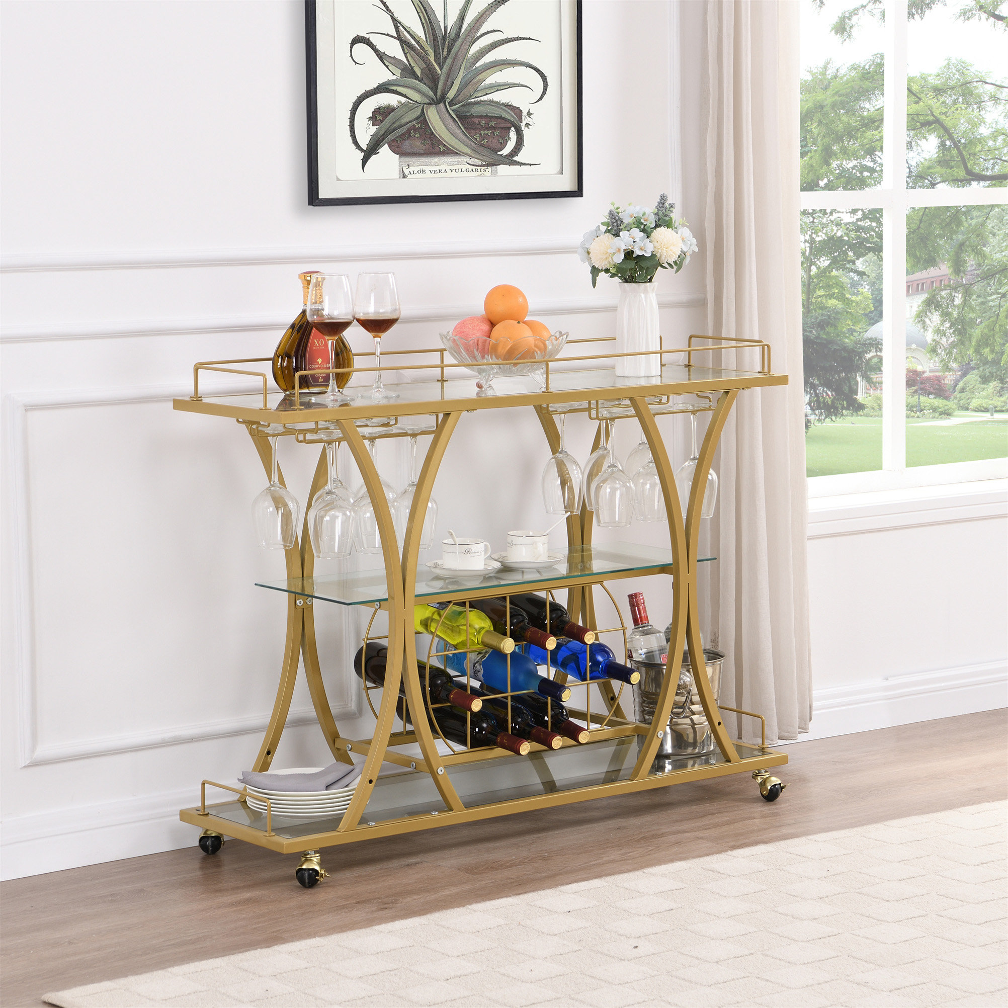 Mercer41 Golden Bar Cart With Wine Rack Tempered Glass Metal Frame Wine