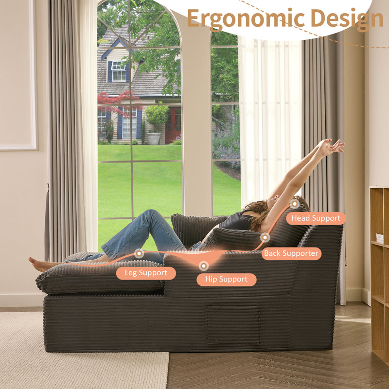 Chaise Lounge Chair with Armrests for Living Room, Floor Lounge Sofa with Movable Pillows & Side Pockets, Corduroy, Grey