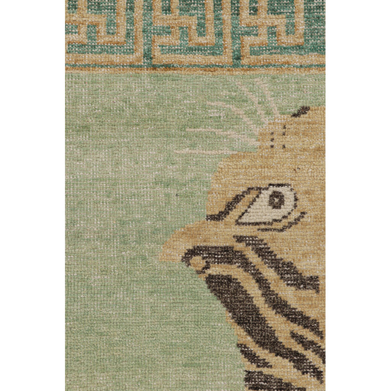 Rug & Kilim’S Distressed Tiger Skin Rug Design In Green With Pictorial, Rectangle 6' x 9'