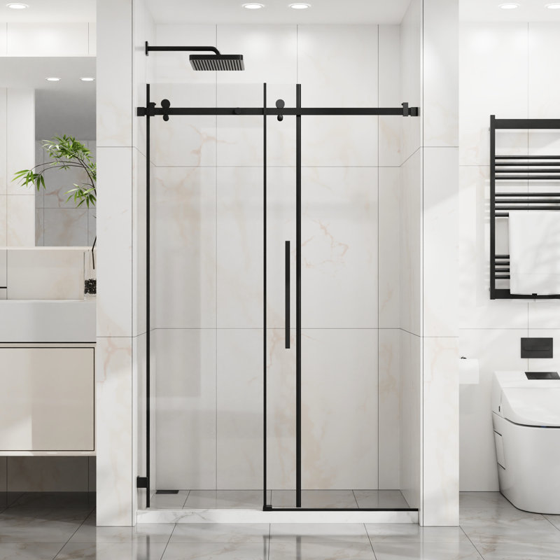 Porte de douche coulissante à largeur réglable de 44 à 48 po, verre trempé transparent de 6 mm, technologie anti-éclaboussures, conception moderne pour porte de salle de bain en verre avec roulettes en acier inoxydable de 1/4 po (6 mm), finition noir mat