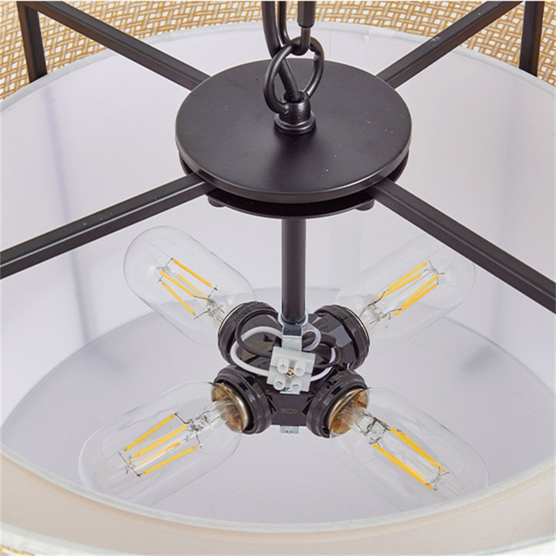 Luminaire suspendu tambour 4 lumières noir et naturel en rotin, chaîne réglable