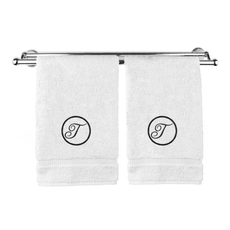 Essuie-mains monogramme - ensemble de 2 - lettre à motif circulaire, T, Blanc / noir