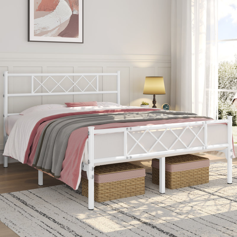 Modern Metal Bed Frame with Cross-design Headboard & Footboard, Double (4'6), White