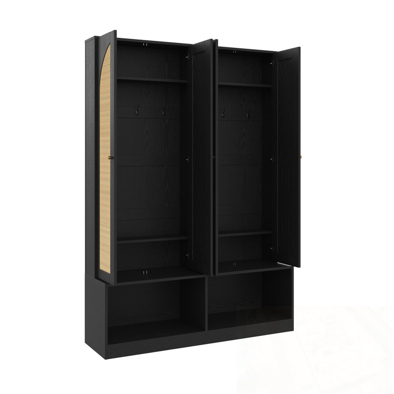 Hall Tree With 4 Rattan Doors, 6 Hooks And Adjustable Shelf, Black