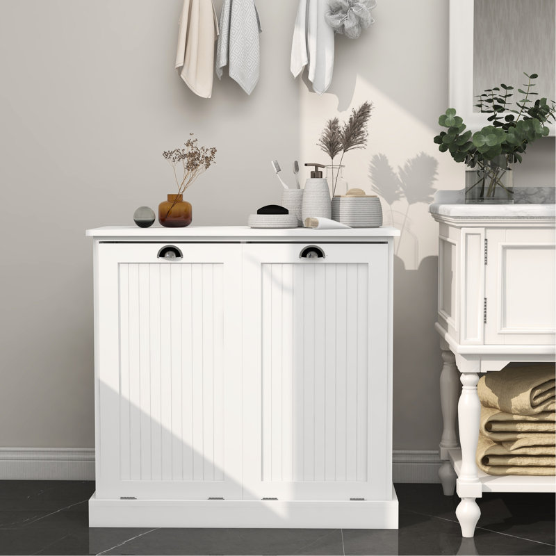 Tilt-Out Laundry Sorter Cabinet - Material, Removable Cloth Bags, Painting, 100-Pound Load-Bearing, Easy Assembly White With Two Compartments, , Coated, To Install, Load Capacity