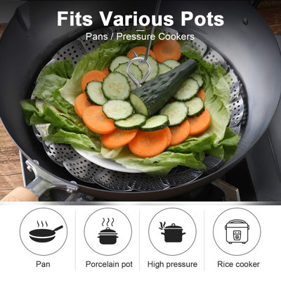 Panier vapeur pour légumes, compatible avec Instant Pot, avec insert pour la cuisson des légumes/fruits de mer/œufs durs, avec outil de sécurité, tailles ajustables pour s'adapter à différentes casseroles, (Argent)