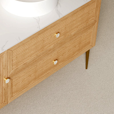 Armoire de salle de bain autoportante en contreplaqué de grain de bois clair 48 po avec comptoir en pierre frittée blanc de Carrare, deux tiroirs et une porte, sans lavabo, sans robinet et couvercle de lavabo 