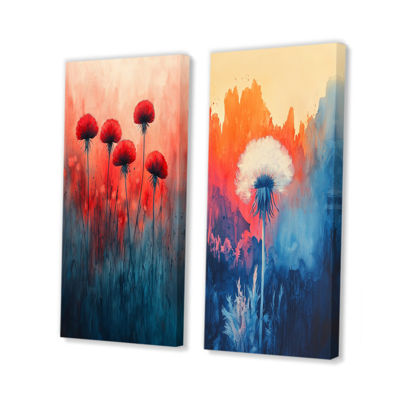 Scatter The Seeds In Bold Hues Abstract I - Art mural floral, collection 2 panneaux, H 28 po x l 25 po, Toile tendue