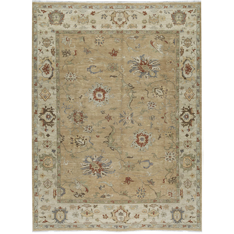 Tapis doré et beige noué à la main de haute qualité