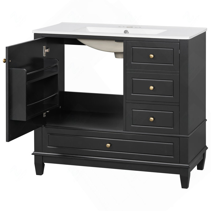 Meuble-lavabo sur pied 36 po avec lavabo en céramique, panneau de fibres à densité moyenne et base en bois massif, 3 tiroirs et armoire avec tablettes, finition noire peinte, meuble-lavabo autoportant avec trous de robinet de 4 po