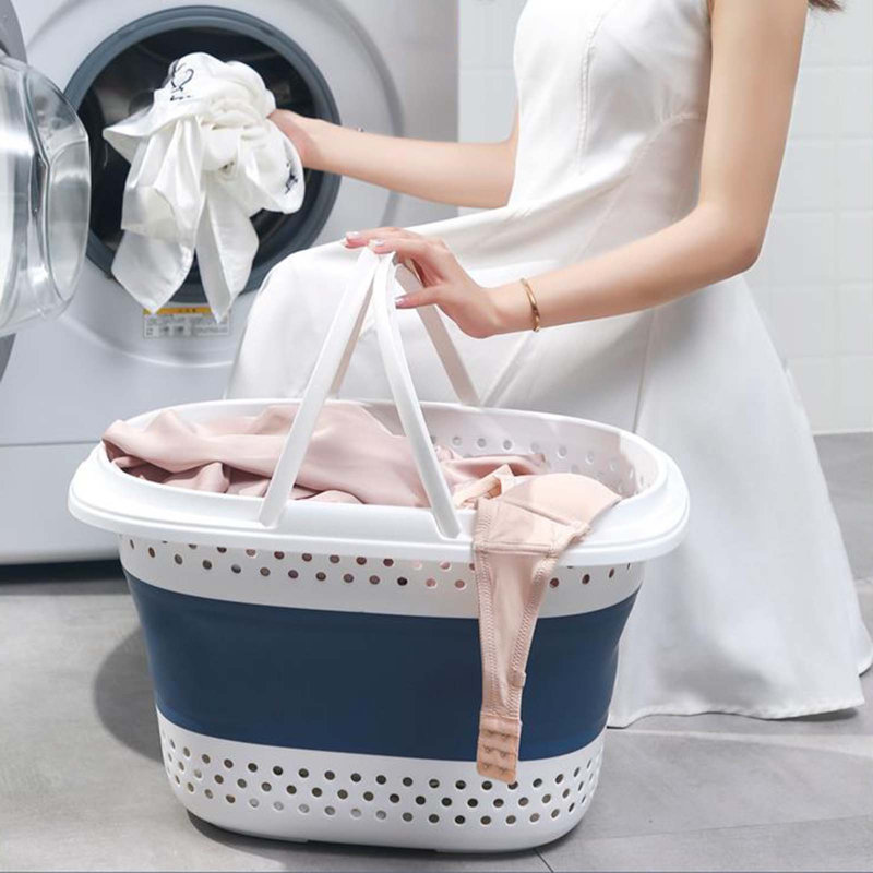 Panier à linge pliable en plastique, bac à linge portatif avec poignée, rangement peu encombrant, Bleu