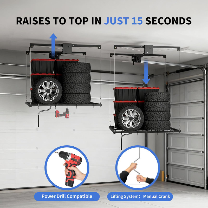 Overhead Garage Storage Lift Rack 4 x 4 Ft Heavy Duty Steel Ceiling Mounted Rack with Hand Crank 350 lb Capacity Easy Installation