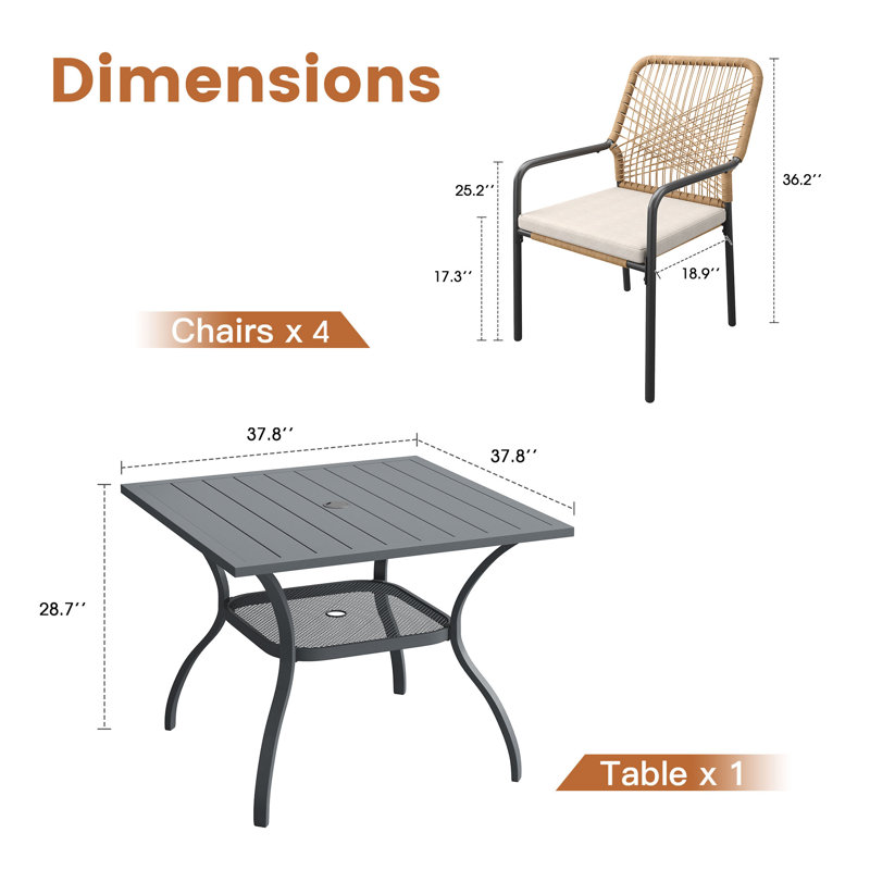 Ensemble de salle à manger de patio carré avec chaises rembourrées empilables en rotin, Gris