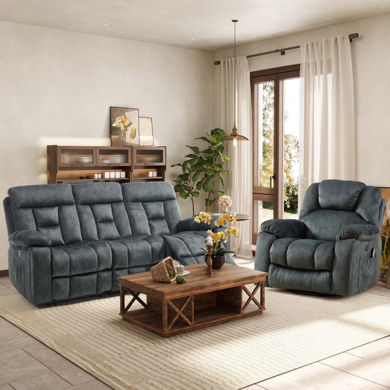 Ensemble de salon inclinable 2 pièces en microfibre moelleuse - Fauteuil relevable, canapé de style cinéma avec chauffage USB et massage