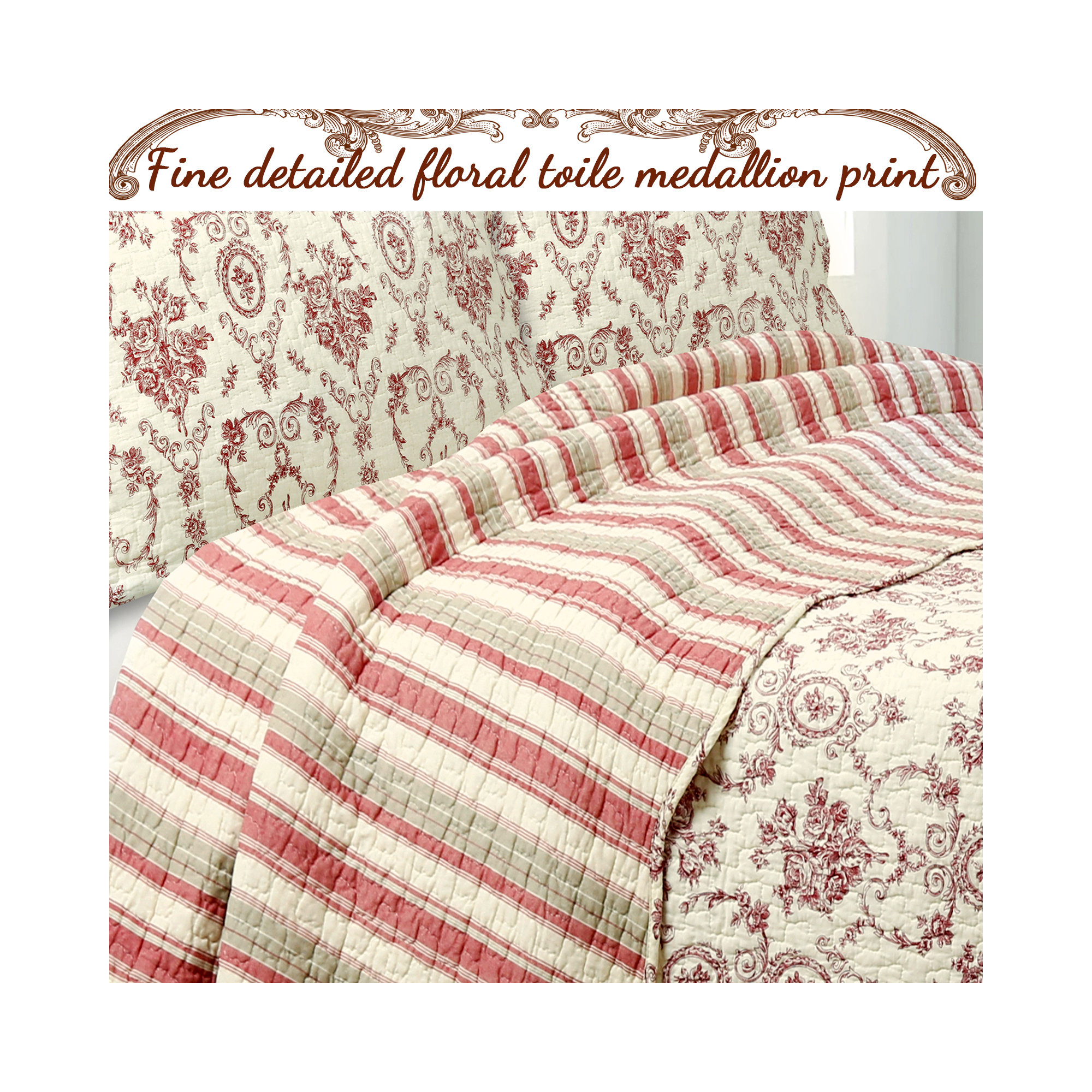 French Medallion Cotton Quilt Set, Queen Quilt + 2 Shams, Red