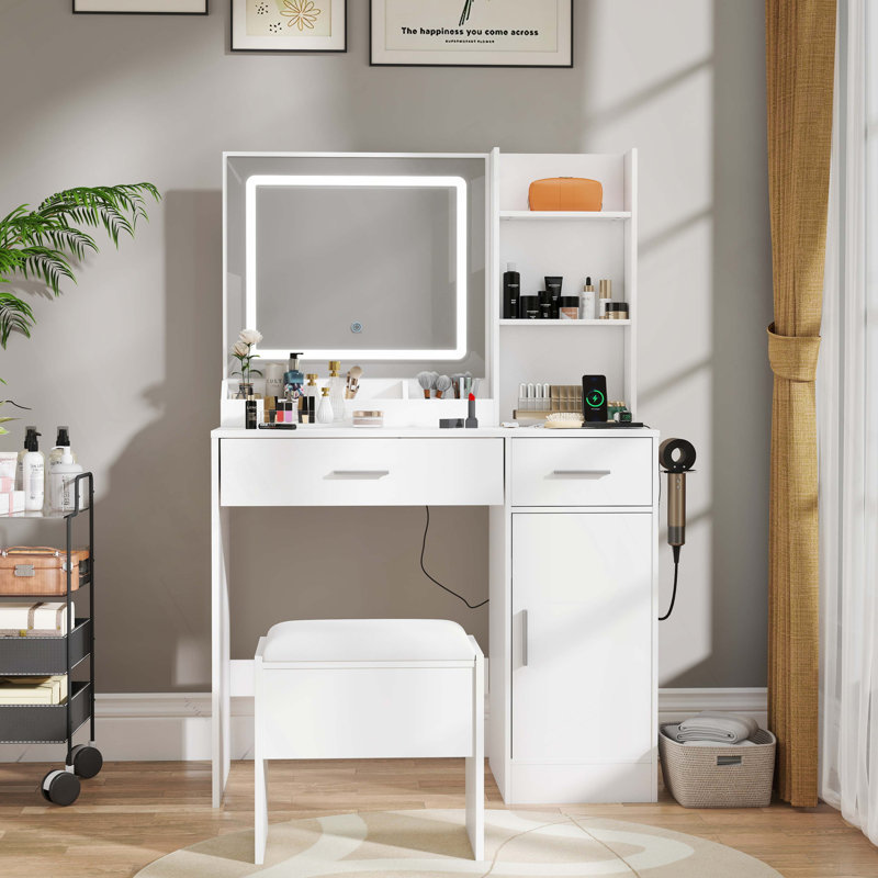 Lavin Makeup Vanity Set, Vanity Desk With Stool, LED Light Mirror And Charging Station, White