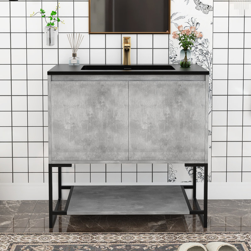 Ensemble de meuble-lavabo simple 35,16 po avec surface solide Rithi, Gris ciment