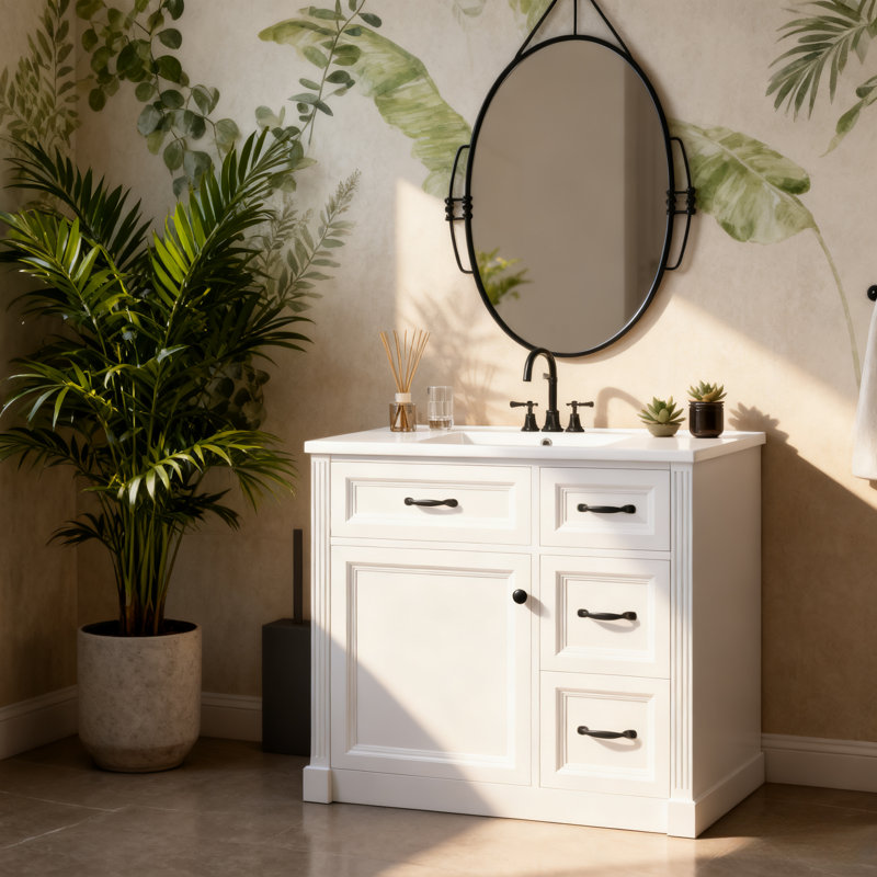 36" Modern White Bathroom Vanity With Sink, Solid Wood Cabinet