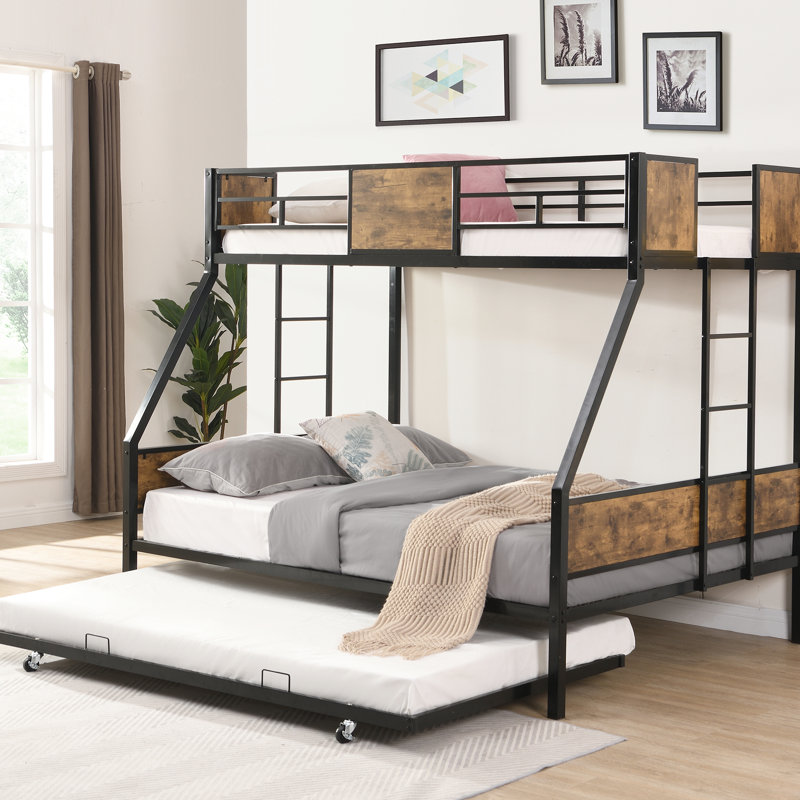 Lit superposé simple au-dessus d'un lit double en métal noir et brun avec lit gigogne, garde-corps sur 2 côtés, moderne pour la chambre à coucher, peu encombrant, structure, sommeil silencieux, rangement facile, assemblage simple