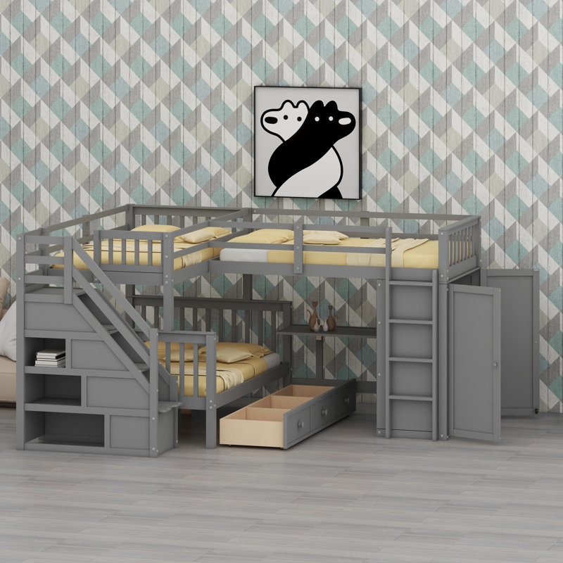 L-Shaped Bunk Bed With Integrated Drawers, Movable Desk, And Built-In Wardrobe, Gray