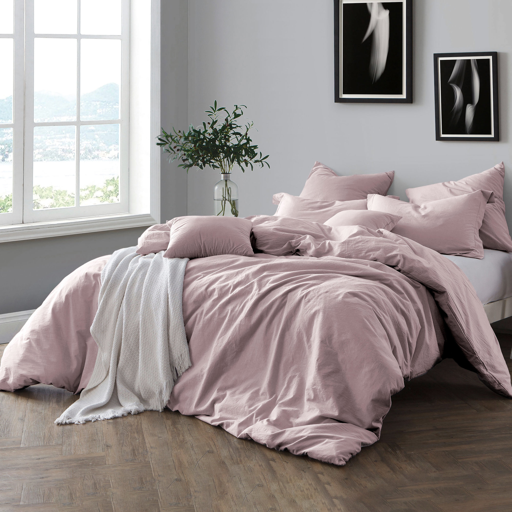 100% Cotton Crinkle Washed Duvet Cover Set, King/Cal. King Duvet Cover + 2 Shams, Lavender