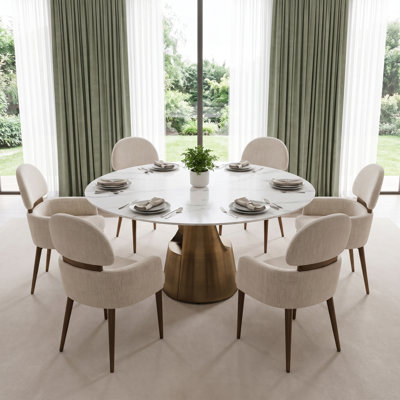 Ensemble de table de salle à manger ronde en pierre frittée de 51 pouces avec 6 fauteuils rembourrés de couleur crème