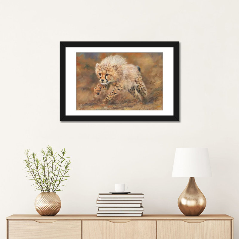 « guépard dust », reproduction d’impression sur toile, H 24 po x l 32 po x P 1 po, Papier d'art encadré noir, Blanc