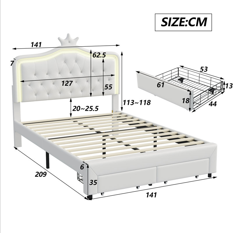 Upholstered Faux Leather Drawers Bed, European Double (140 x 200 cm), White
