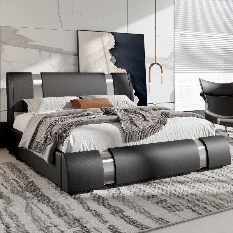 Platform Bed Frame With Iron Pieces Decor And Adjustable Headboard, Black, Queen