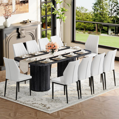 Ensemble de table de salle à manger 79 po pour 10 personnes, grand ensemble de table de salle à manger pour 10 personnes avec base à double piédestal cannelée et chaises rembourrées