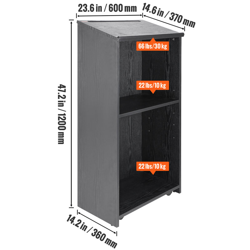 Black MDF Rolling Podium Stand with Adjustable Shelves