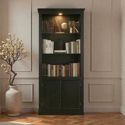 Étagère de présentation 78,75 po à 4 niveaux, avec plafonnier à intensité variable 5 couleurs, bibliothèques de ferme autoportantes avec rangement et portes, bibliothèque avec tablettes en verre réglables pour la maison et le bureau