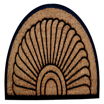 Tapis de porte extérieur semi-circulaire en caoutchouc et fibre de coco beige et noir, 61 x 91 cm