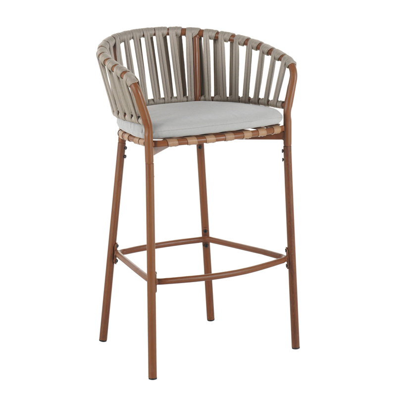 Ensemble de 2 tabourets de bar d'extérieur en corde de teck avec structure au fini teck et coussin beige
