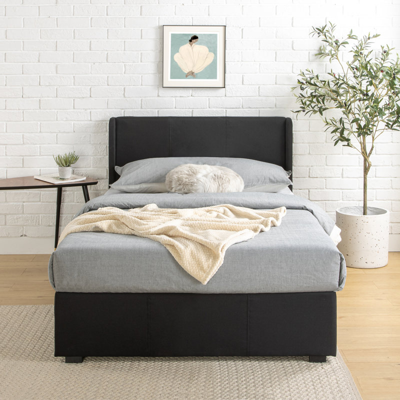 Estella Upholstered Bed Frame with Headboard, Ottoman Under-bed Storage, Single (3'), Beige