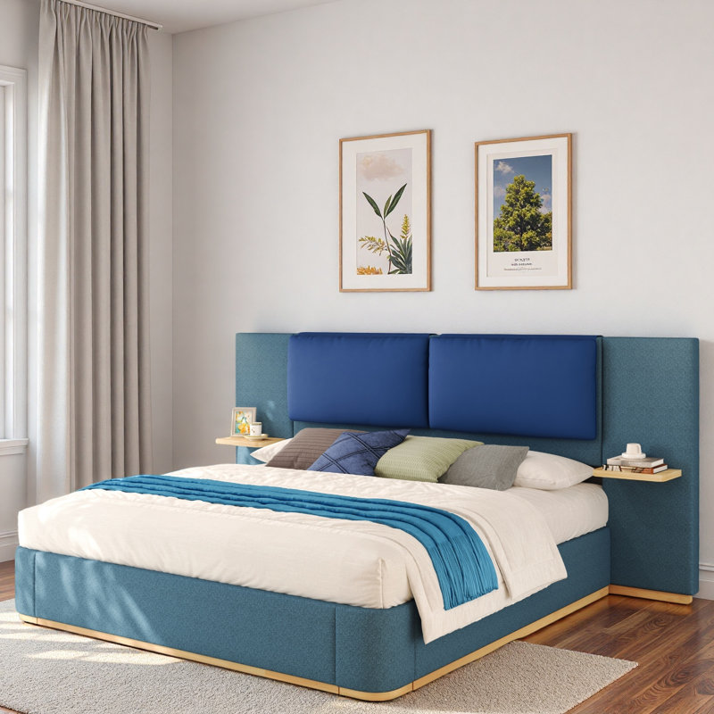 Lit plateforme tapissier avec tablettes, Bleu foncé / bleu, Grand lit