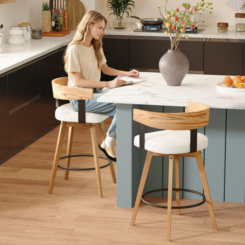 Ensemble de 2 tabourets de bar pivotants 26 po avec dossier incurvé moderne et structure en bois massif - Beige lin
