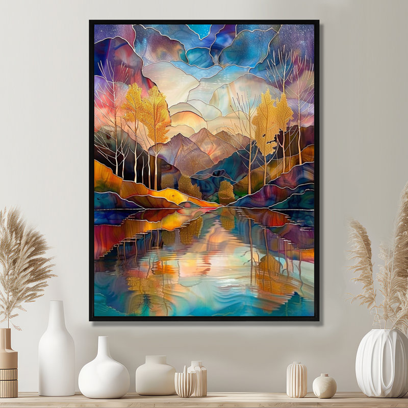 Serene Autumn Forest River - paysage abstrait, art mural, Cadre flottant noir, bois massif, H 20 po x l 12 po