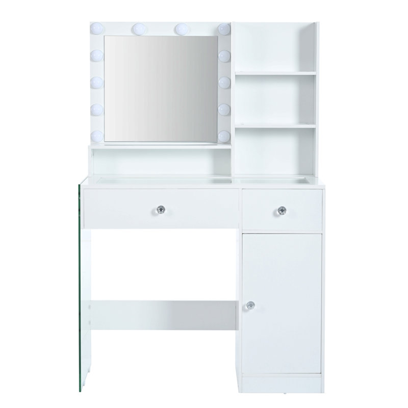 Bureau de coiffeuse avec miroir et 3 modes d'éclairage, coiffeuse de maquillage avec plateau en verre et tablettes de rangement, coiffeuse avec 2 tiroirs et armoire