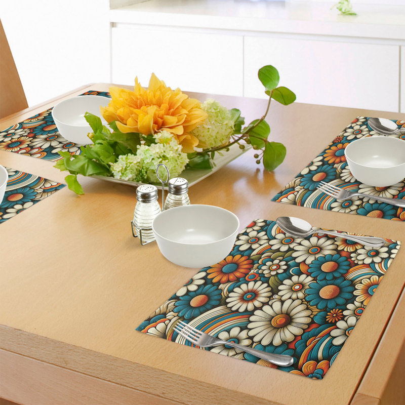 Groovy Floral Orange Teal Ivory Polyester Rectangle Placemats Set of 4