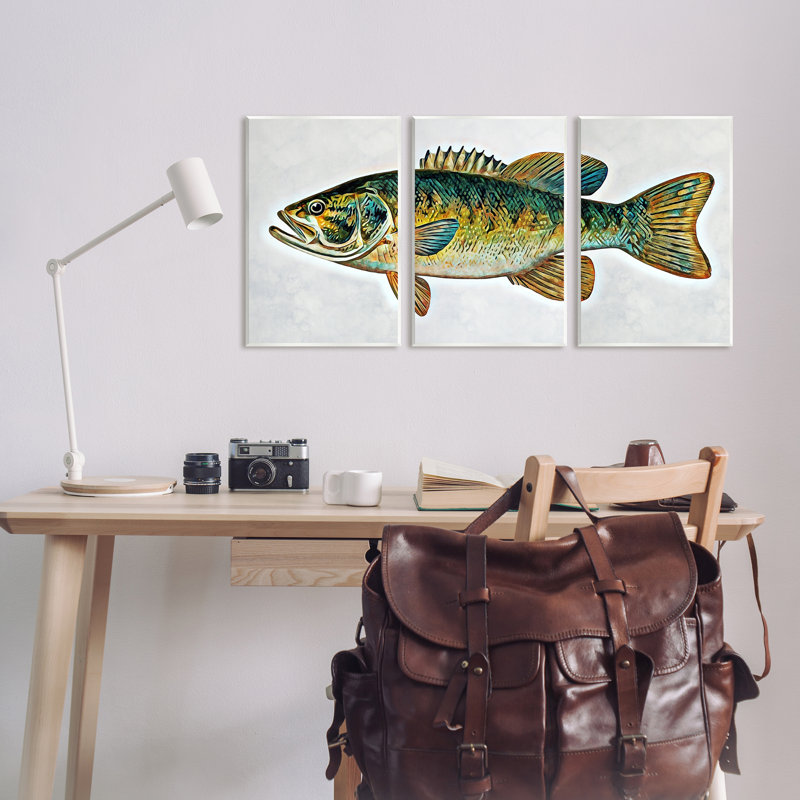 «Lake House Bass Fish Wildlife», ensemble de 3 plaques murales par Ashley Aldridge, H 15 po x l 30 po x P 0,5 po, Unframed
