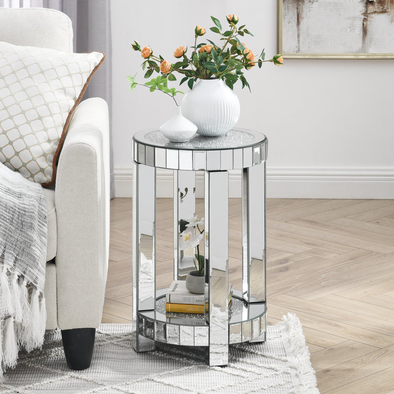 Table ronde à miroir argenté avec rangement à 2 couches - incrustation de cristal pour salon élégant, chambre à coucher côté café moderne