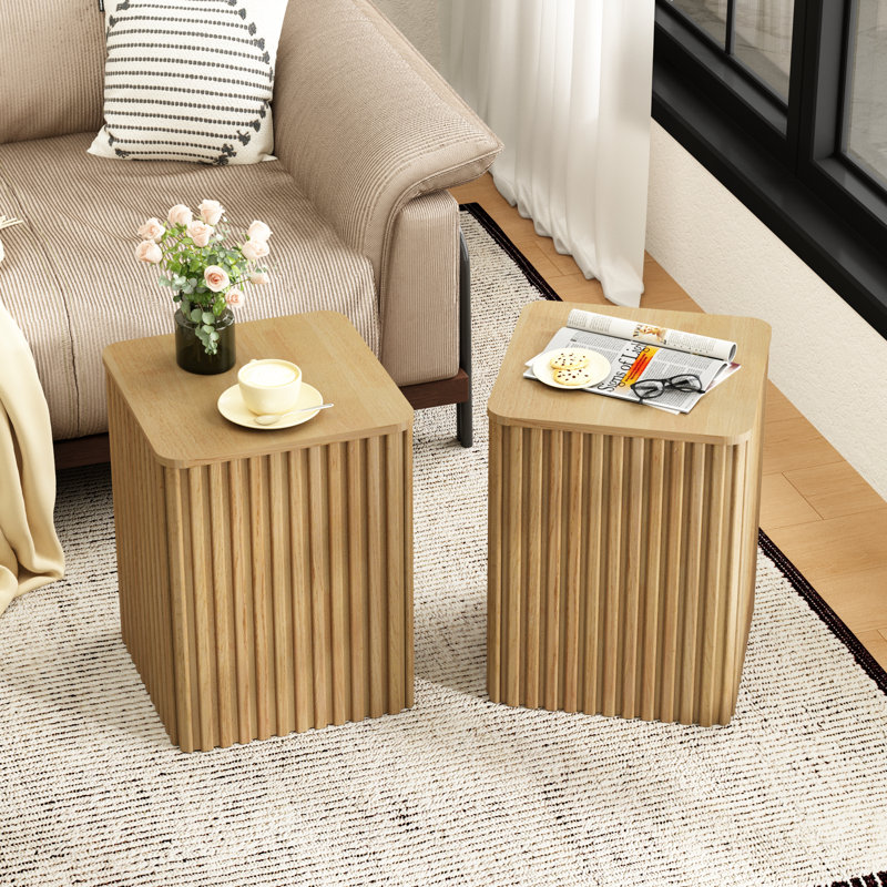  Ensemble de 2 tables de bout cannelées 20,5 "avec rangement 10min, Bois naturel
