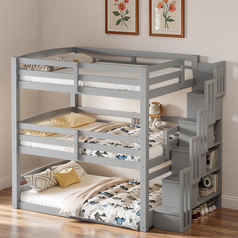 Triple Bunk Bed With Storage Staircase, Gray