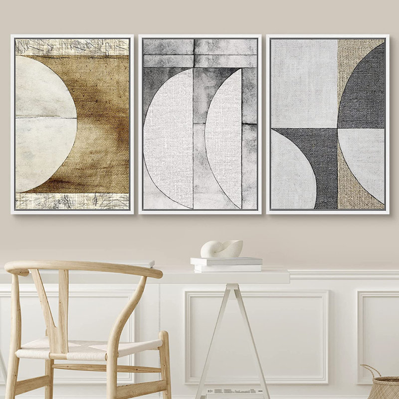 «Mid Century Shape Demi-Circle Polygon Collage», Abstrait, géométrique, illustrations, minimalisme - 3 pièces, cadre flottant, impression sur toile