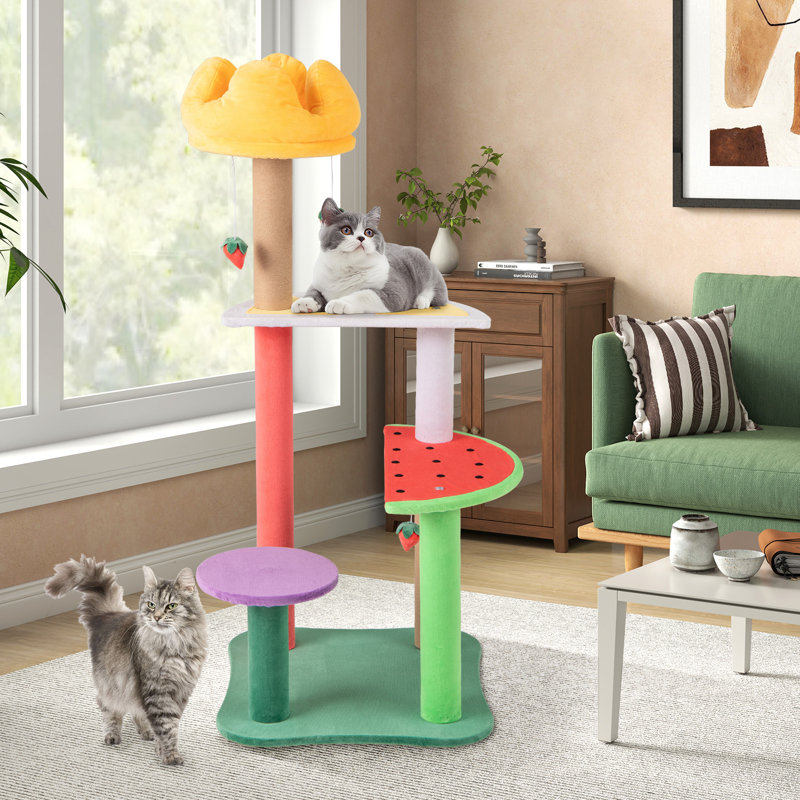 45'' Tall Cat Tree w/ Plush Padded Top Perch Fruit-Shaped Platforms Dangling Balls