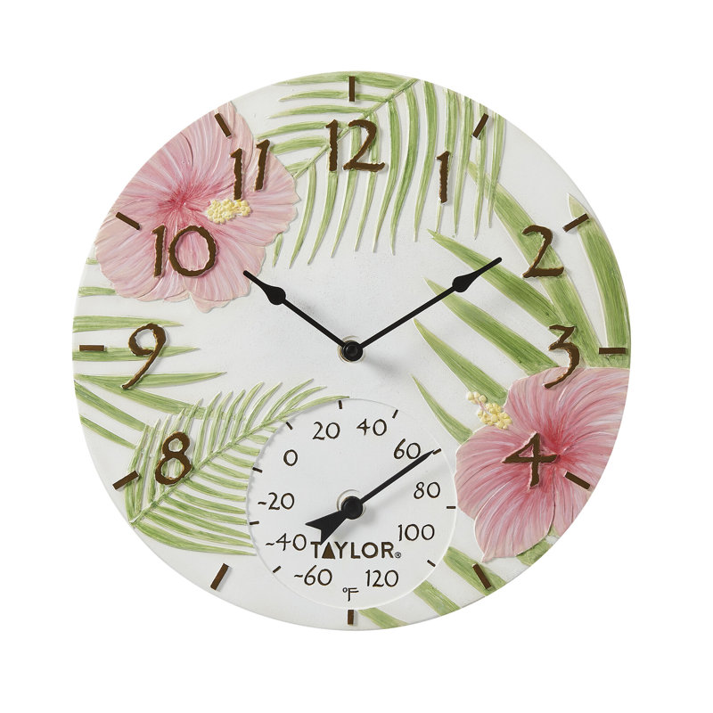 Taylor Precision Products, Pink Hibiscus Poly Resin Clock and Thermometer, 14 Inch, Multi-Colour