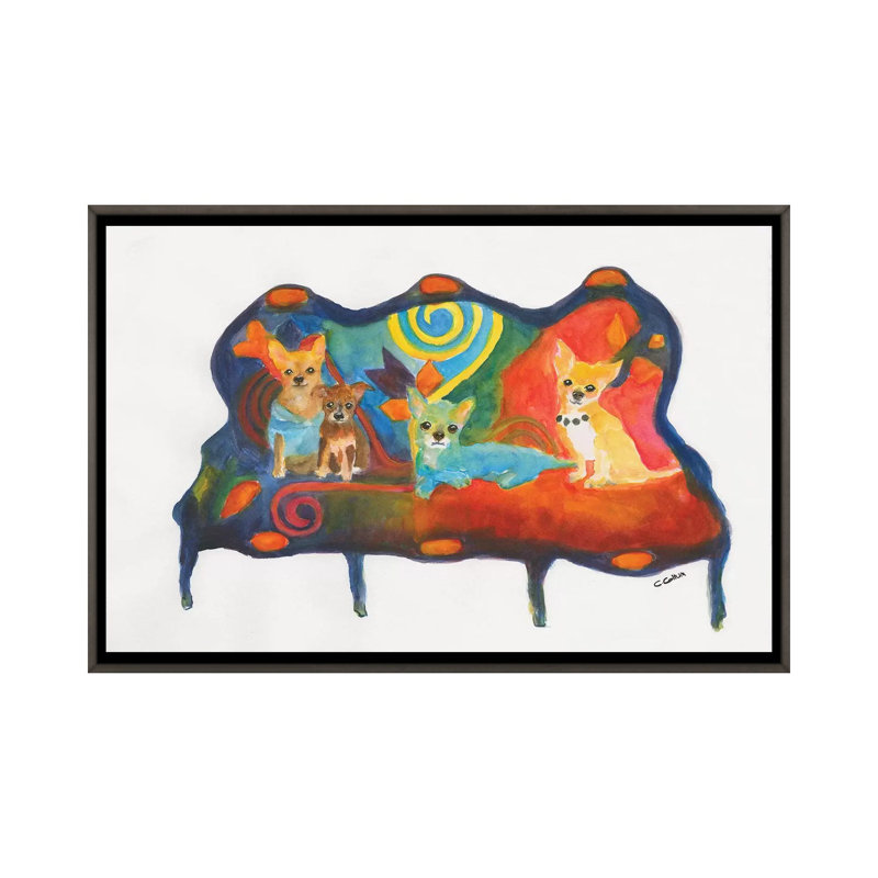 "Chihuahua trio" par Connie Collum, reproduction d’art, H 26 po x l 40 po x 1,5 po, Toile encadrée de bois rustique foncé